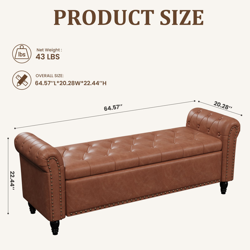 Bedroom Bench With Storage, Brown, 22" H x 65.4" W x 20" D