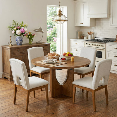 5 Pcs Modern Extendable Round Dining Table Sets With Comfort Upholstered Kitchen Chairs