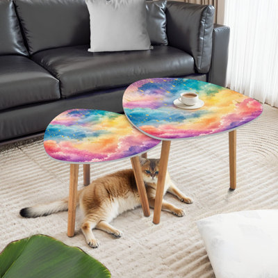 Triangle Nesting Coffee Table Set of 2 Colorful Dreamy Sky Pastel Clouds Golden Raindrops End Table Modern Minimalist Side Table Set for Living Room Bedroom
