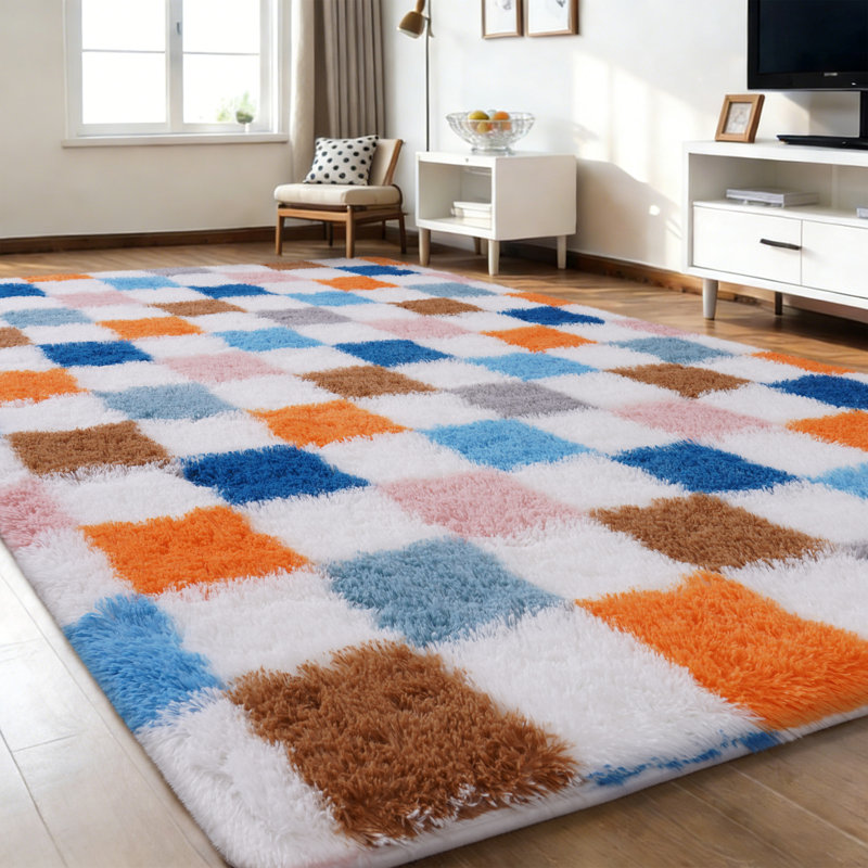 Colorful Checkered Shag Rugs 5x7 ft, Washable Rug Suitable for Bedrooms and Living Rooms, Fluffy Non-Slip Carpets Ideal for Children's Rooms, Nurseries, and Playrooms