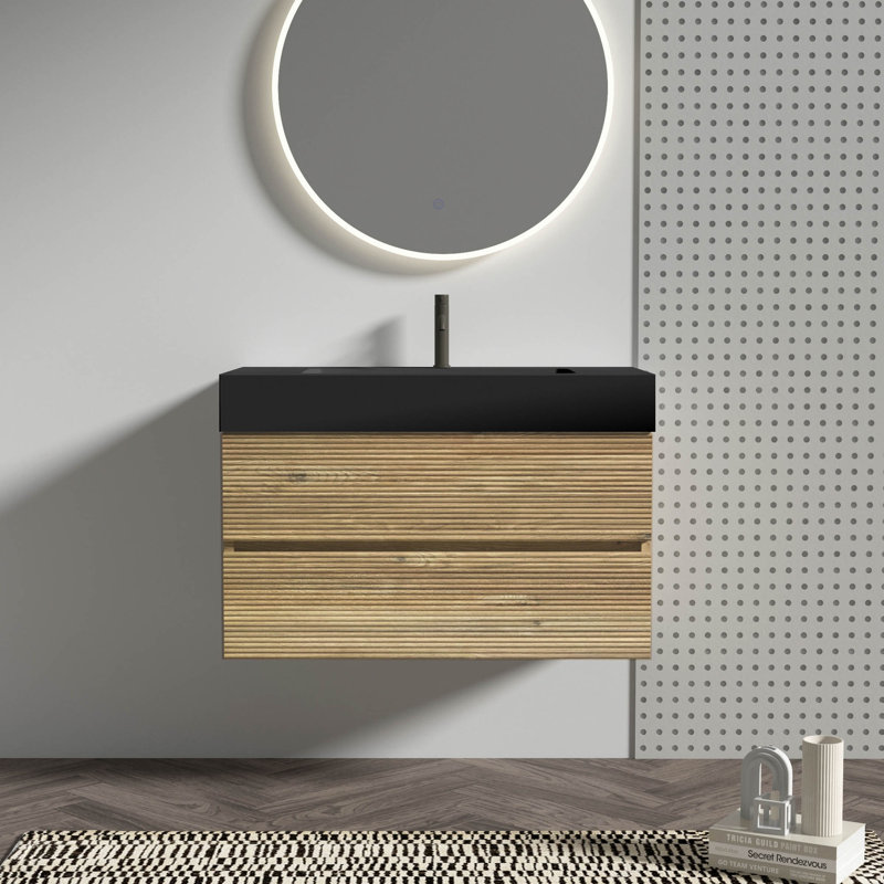 Meuble-lavabo 36 po avec lavabo en quartz d'ingénierie et tiroirs noirs doux, meuble-lavabo mural flottant pour salle de bain moderne, lavabo une pièce noir mat sans drain ni robinet, KD