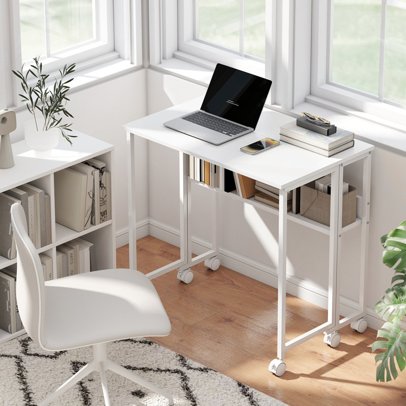 Bureau pliant, bureau d'ordinateur portable avec roulettes, blanc, Blanc