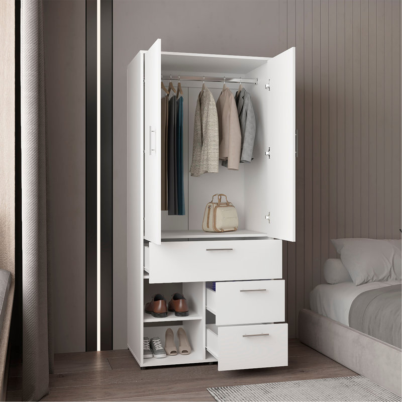 Armoire Alpine avec portes doubles, tringle à vêtements intérieure, étagères à chaussures et tiroirs multiples, armoire autoportante