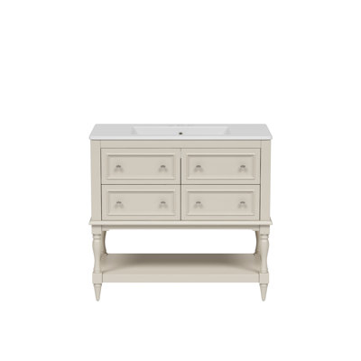 36" Bathroom Vanity With Ceramic Sink, Free Standing Vanity With 4 Drawers, Solid Wood Frame Bathroom Cabinet, Undermount