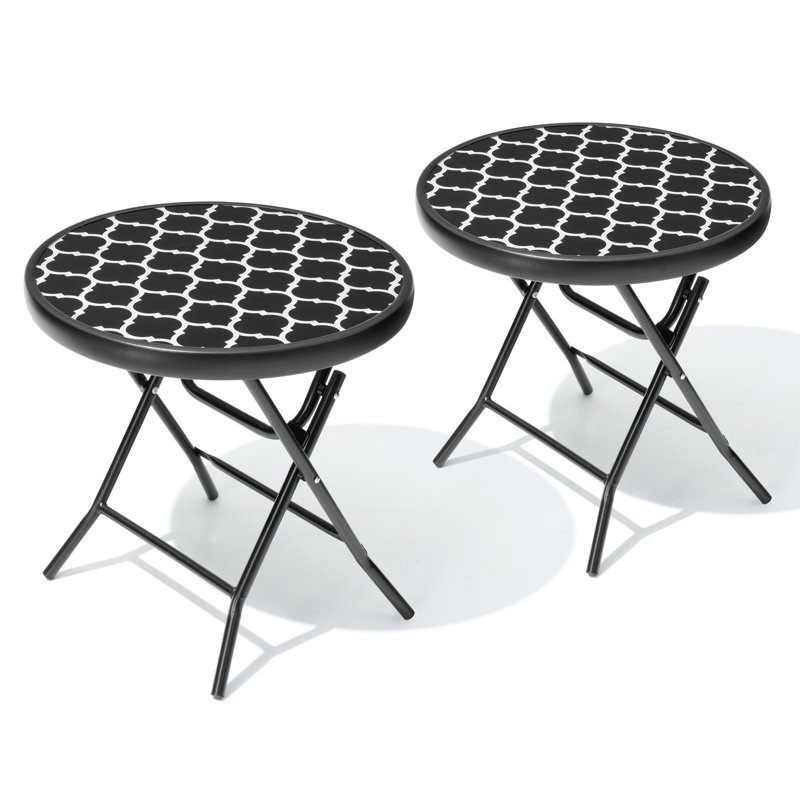 Folded Glass Round Outdoor Side Table, 2, Black/White