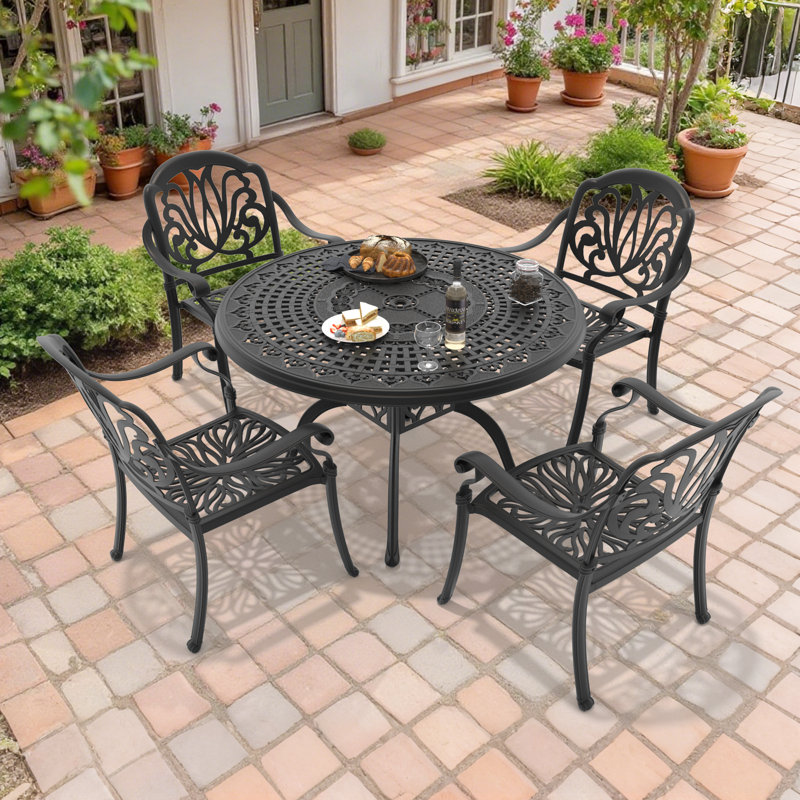 Ensemble de salle à manger d'extérieur rond 5 pièces de 120 cm (47,24 po) avec trou pour parasol, 4 chaises empilables avec coussins bruns