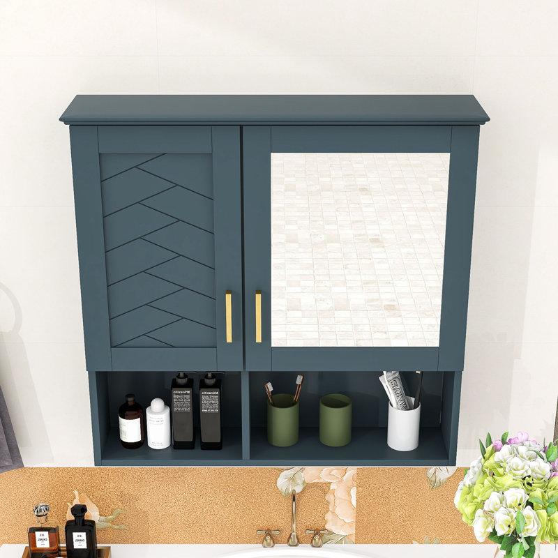 Armoire à pharmacie murale avec tablettes réglables, miroir haute définition et portes à fermeture douce, Bleu