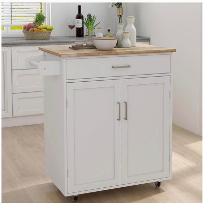 Chariot pour îlot de cuisine en bois d'hévéa avec tablette réglable et porte-serviettes