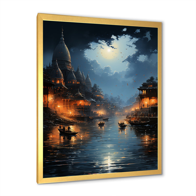 Hindouisme divin, rivière Ganges, reproduction d'art sur toile, Cadre doré simple, H 40 po x l 30 po x P 1,5 po
