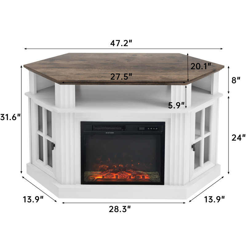 TV Stand for TVs up to 55",Corner Media Console with Electric Fireplace Included, Brown/White
