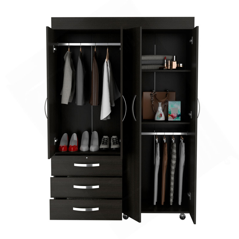 Armoire mobile Hamilton, armoire 4 portes, trois tiroirs, tringles, quatre tablettes, wengé noir - chambre à coucher, Noir