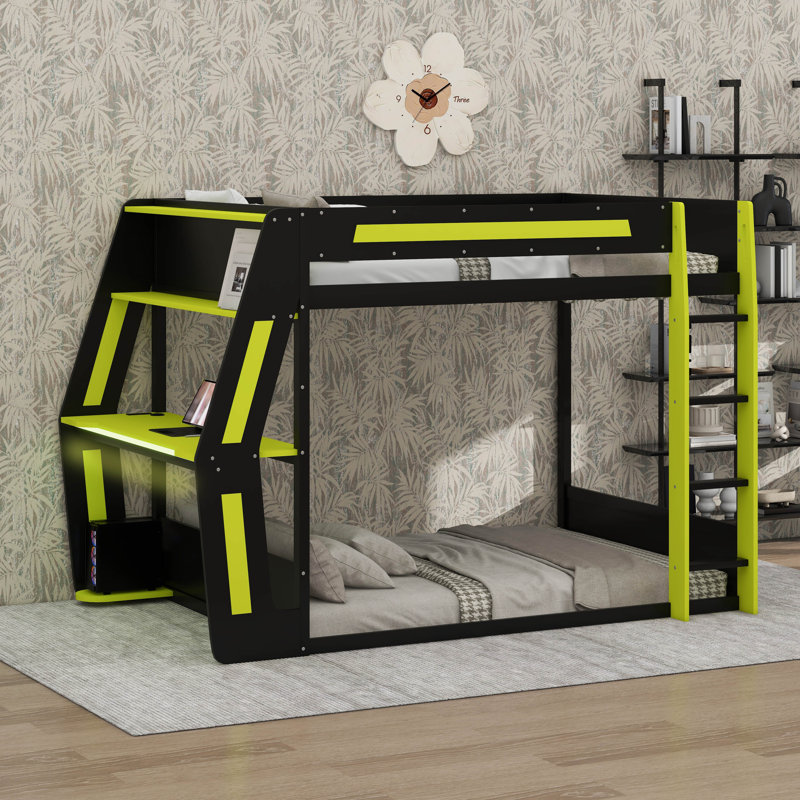 Lit superposé double avec bureau, lumière DEL et station de charge USB, structure de lit mezzanine en bois avec 2 tablettes de rangement