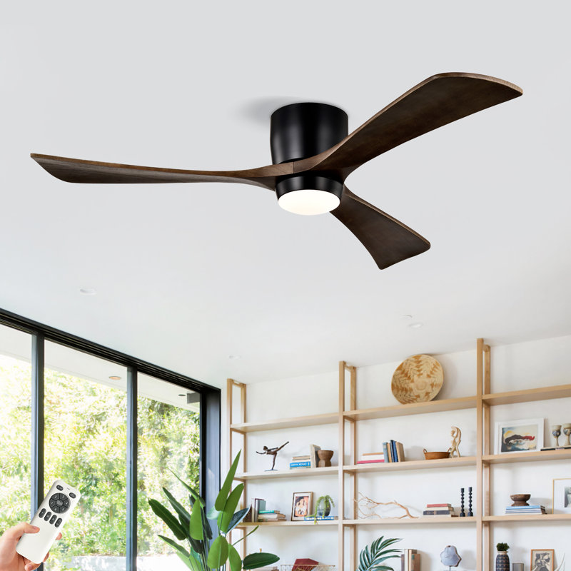 Ventilateur de plafond moderne en bois massif de 52 po à 3 pales avec télécommande et ensemble d'éclairage, Noir