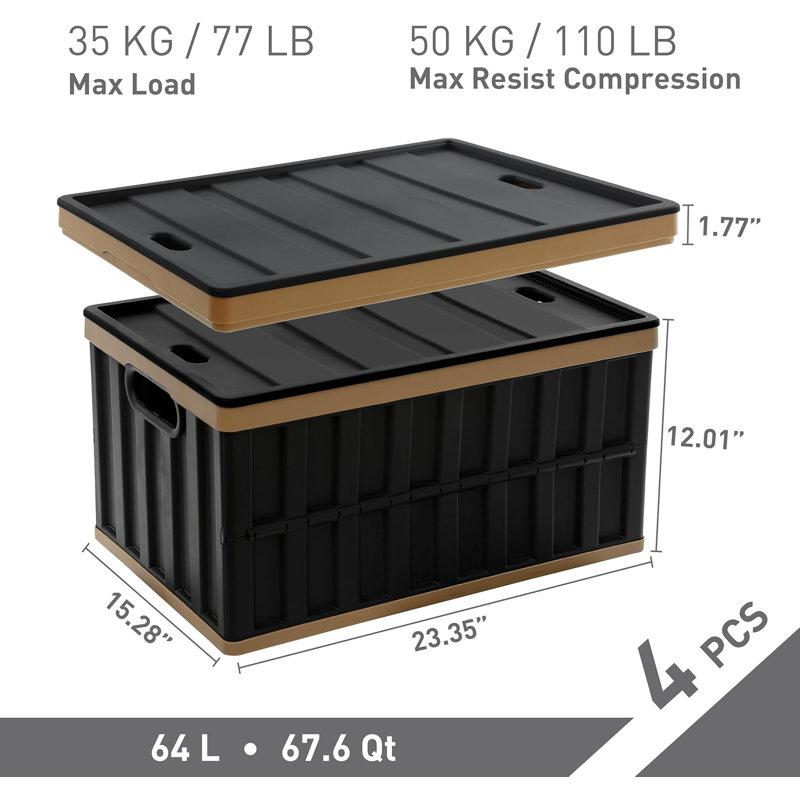 Bac de rangement pliable 64L avec couvercles en plastique noir (ensemble de 4)