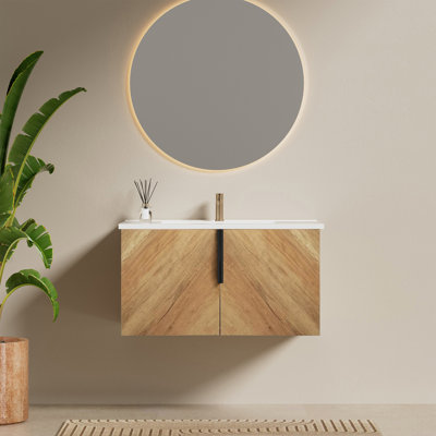 30"  Wall-Mounted Floating Single Bathroom Vanity Set With White Ceramic Sink And Chevron Wood Grain Cabinet