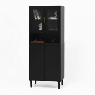 Tall Storage Show Cabinet with 2 Glass Display Doors and 2 Solid Doors, Freestanding for Bathroom, Dining, and Living Room