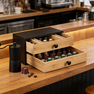 Organisateur de dosettes en bambou avec 2 tiroirs et séparateurs réglables - Support de rangement pour capsules compatible avec les dosettes Nespresso Originalline