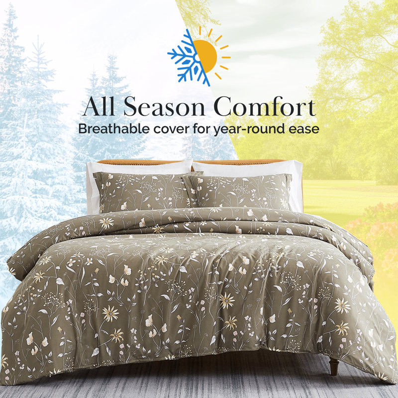 Secret Meadow Microfiber Reversible Duvet Cover Set, Dark Blue Floral 1, Queen Duvet Cover + 2 Standard Shams
