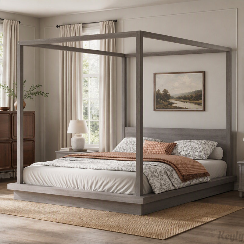 Lit plateforme à baldaquin en bois avec tête de lit, King, Grey