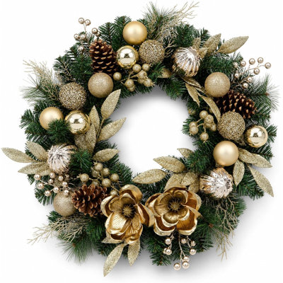 Couronne de Noël artificielle 24 po Aplition avec fleurs de magnolia doré champagne