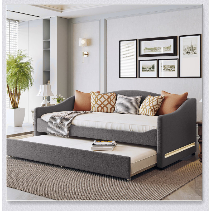 Upholstered Daybed With Light And Trundle, Gray, Twin
