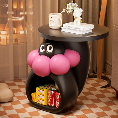 Modern Round Resin Cat Side Table with Storage - Pink Functional Nightstand & End Table for Living Room, Bedroom | Decorative Coffee Table & Home Decor