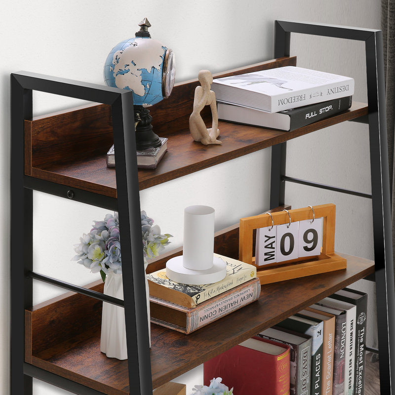 Hasnath Ladder Bookcase, (5 Shelves) 59” H x 28” W x 14” D, Black/Brown