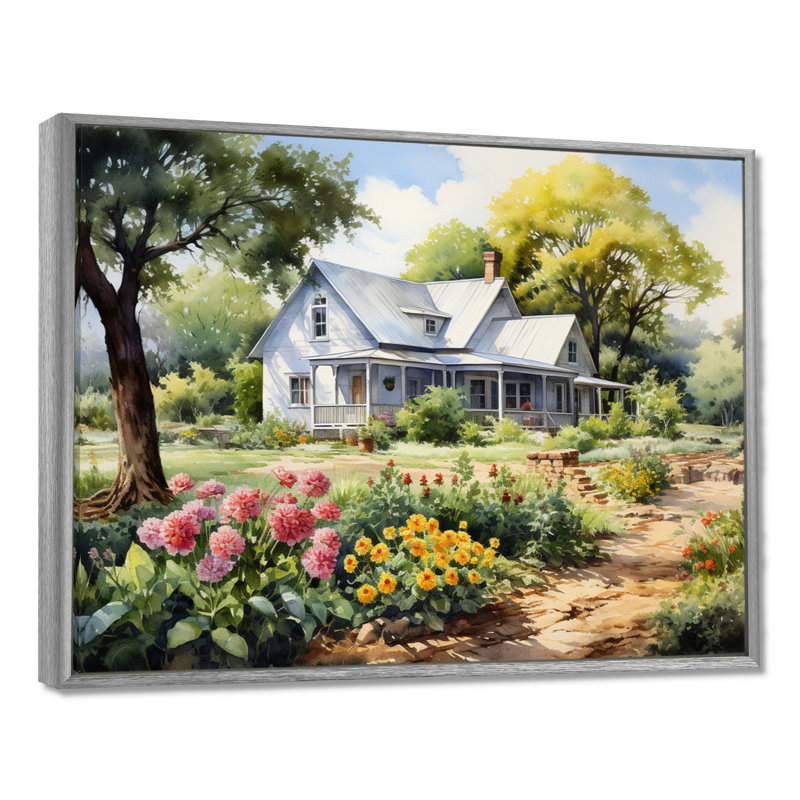 Farmhouse Frontyard Oasis I - Décoration murale de ferme, H 34 po x l 44 po x P 1,5 po, Encadrement argenté