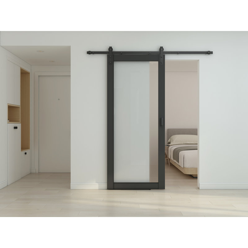 36-in x 84-in Black MDF Barn Door with Frosted Glass