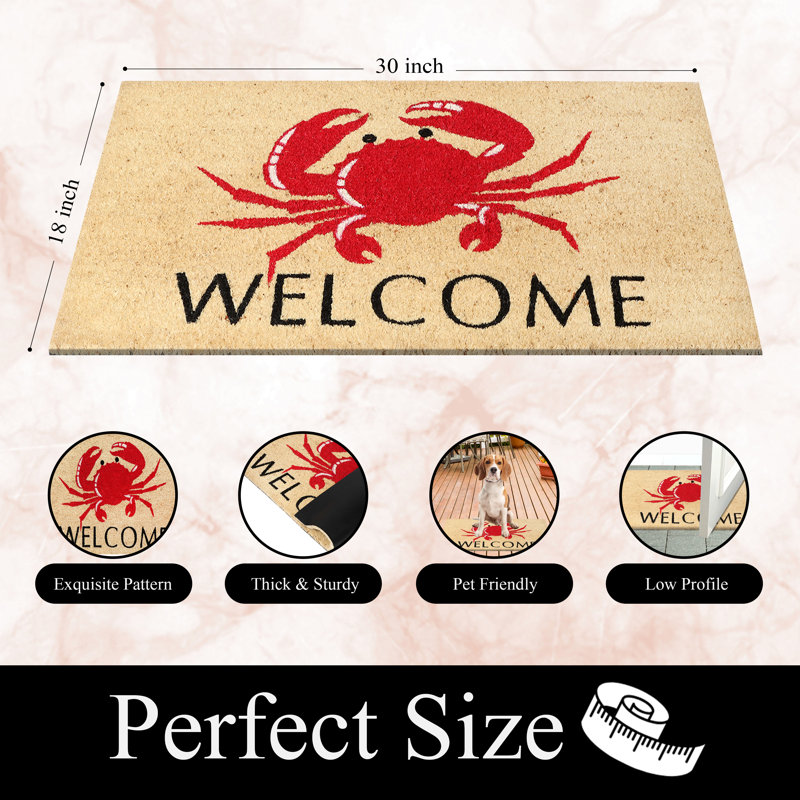 Tapis de porte en coco naturel avec envers en PVC, «Red Crab Welcome», 18 po x 30 po, intérieur / extérieur robuste