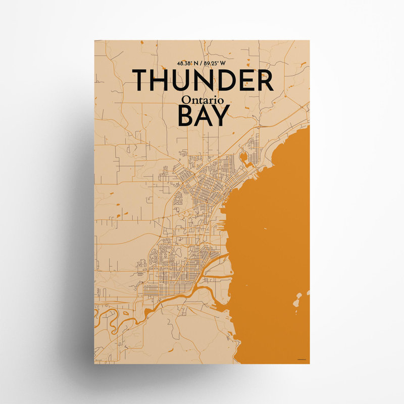 Thunder Bay City Map, impression, Orange / or pâle, H 36 po x l 24 po