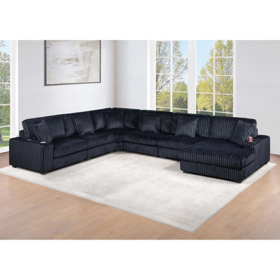 Contemporary Style 6-PC Modular Sectional Sofa Set Black Finish Corduroy Upholstered Living Room Plush Sofa Chaise Couch