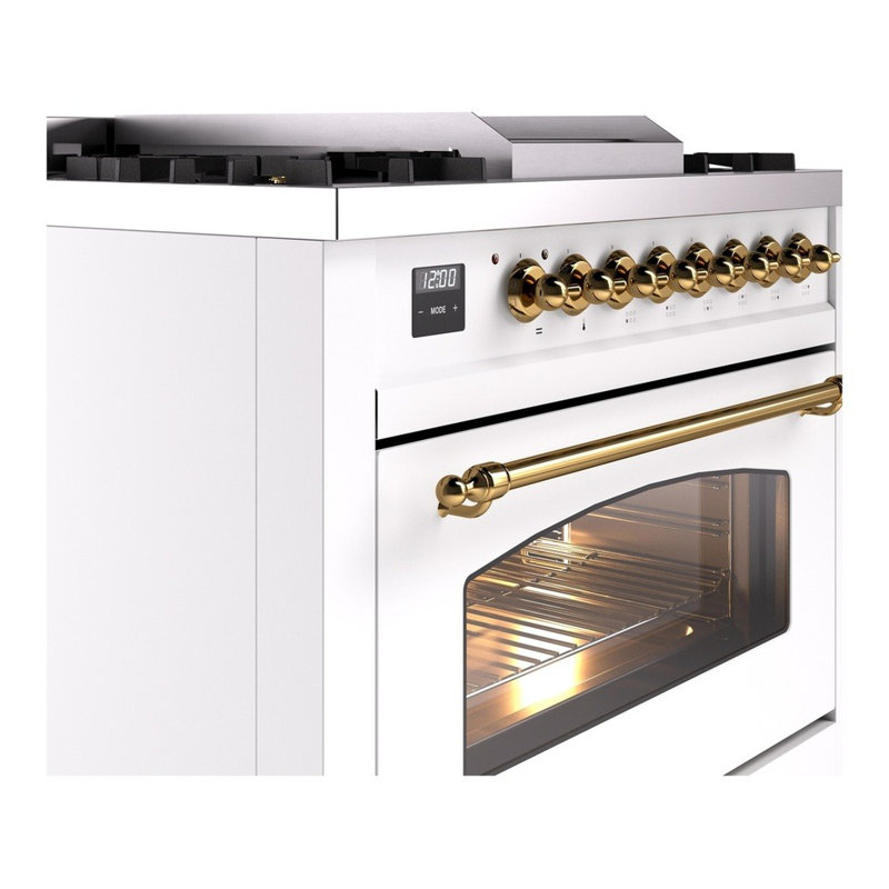 ILVE Nostalgie II Series 36 inch Dual Fuel Range with 6 Burners, Griddle (Glass Door), White/Brass, Natural Gas