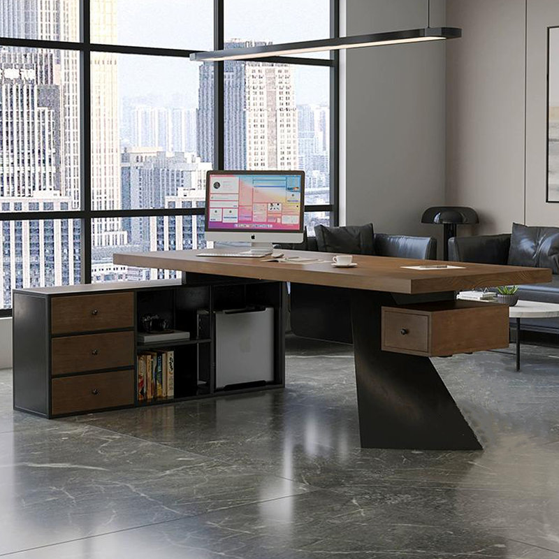 Tan+Black Rectangular Solid Wood+Iron desks, 29.53" H x 94.49" W x 31.5" D, Left Hand Return