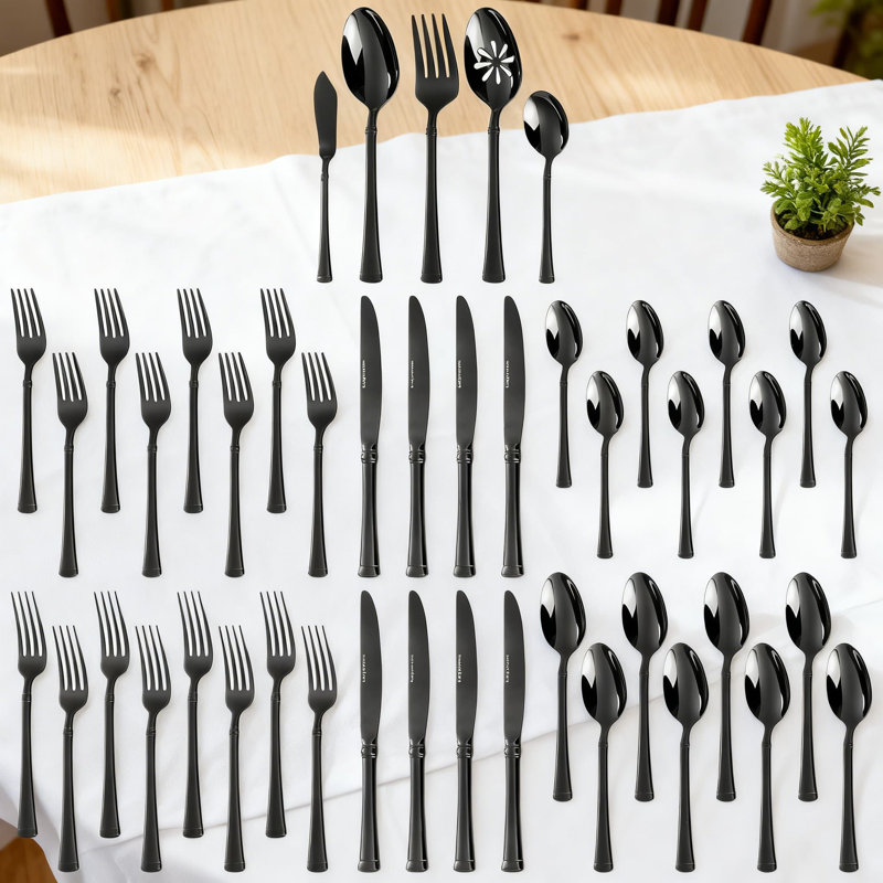 Ensemble de couverts 45 pièces noirs avec ustensiles de service, ensemble de couverts en acier inoxydable 18/10 pour un usage quotidien, miroir poli et lavable au lave-vaisselle