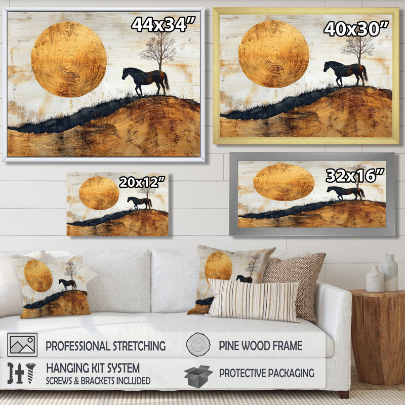 Cheval en bois, lever de soleil de l'horizon III - art mural cheval, Impression sur cadre flottant, H 30 po x l 40 po, Blanc