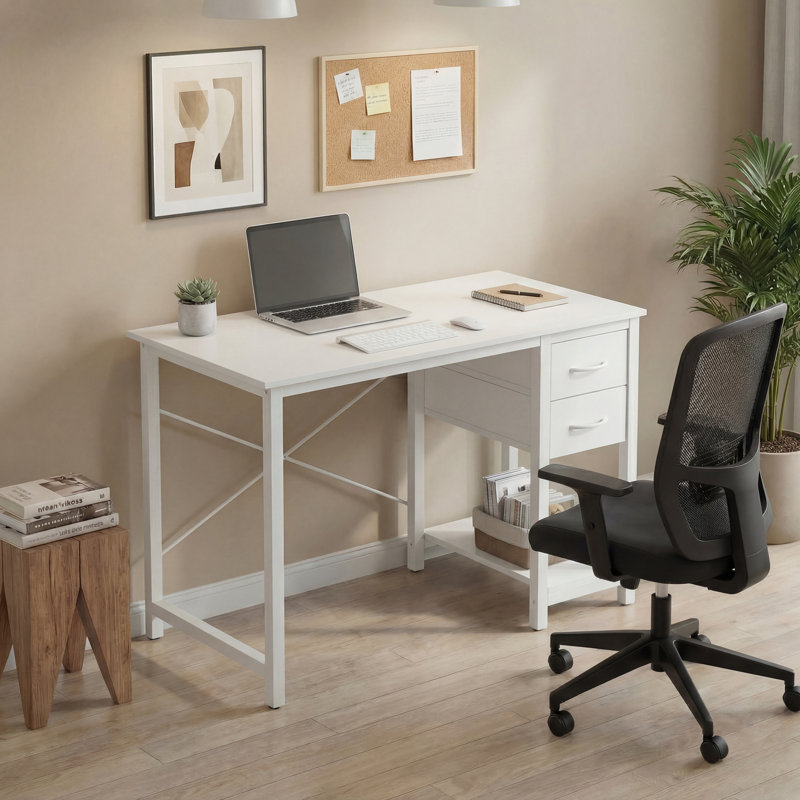 Bureau d'ordinateur moderne 47 "avec 2 tiroirs de rangement et support en X, H 29,57 po x l 39,37 po x P 16,69 po, Blanc