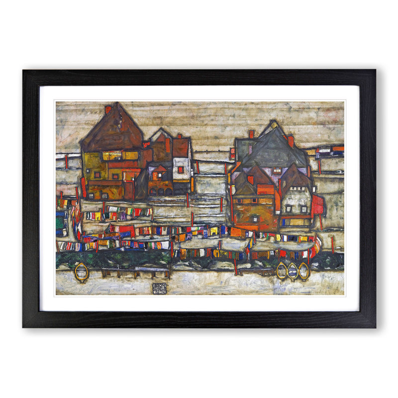 Houses with Laundry by Egon Schiele - Picture Frame Painting, Black Framed, 27cm H x 36cm W x 2cm D