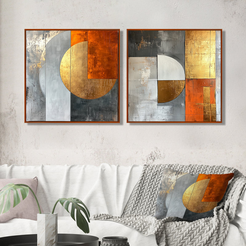 2 pièces géométriques or orange et gris Pure Form I - art mural géométrique - décoration murale moderne, H 16 po x l 33 po