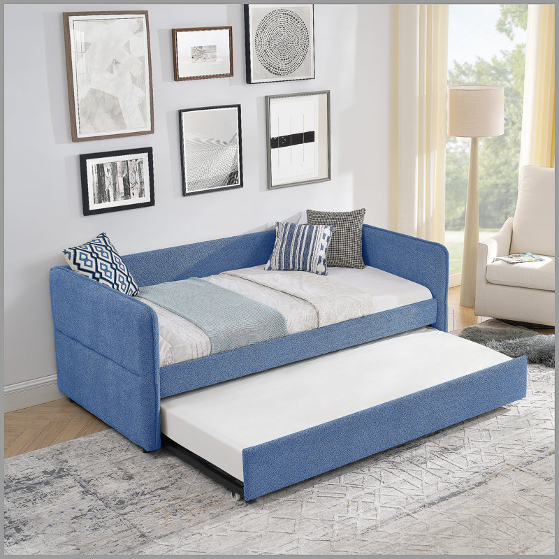 Lit de jour avec lit gigogne escamotable et capitonné, taille simple, tissu Boucle (83 po x 43 po x 29,5 po), Bleu