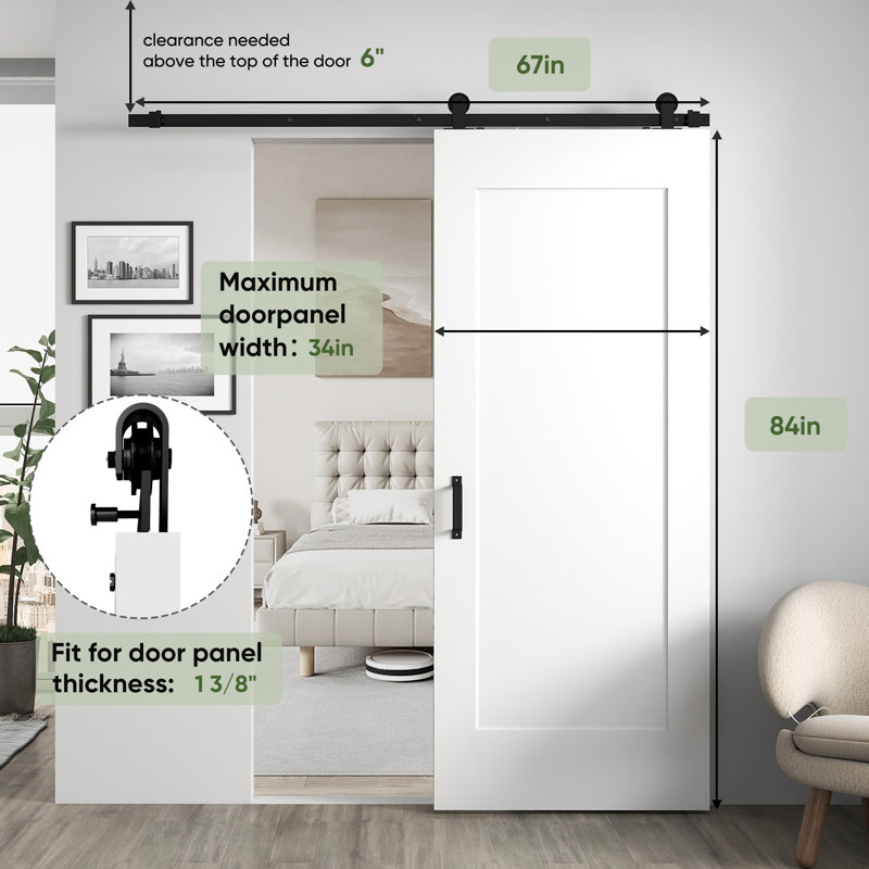 34"X84" White Primed 1-Panel Solid Core Sliding Barn Door With Installation Hardware Kit and One Sided Matte Black Pull(Door Slab Pre-assembled）