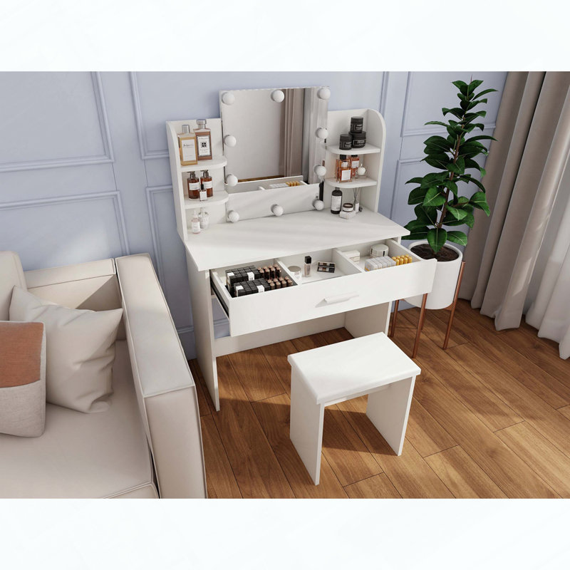 Commode 1 tiroir avec tabouret et miroir ajustable