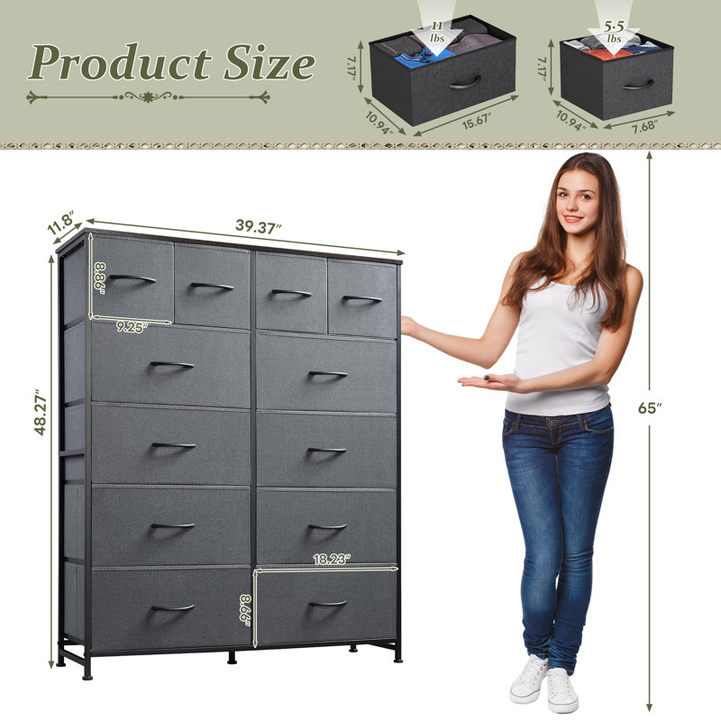 39.37" W 12-Drawer Fabric Dresser with Wood Top, Storage Chest, Gray