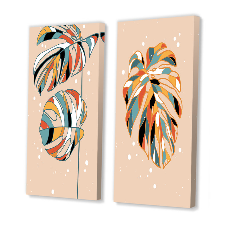 «Tropical Vintage Foliage and Geometrics I», ensemble de 2 peintures, H 20 po x l 24 po x P 1 po, Toile tendue