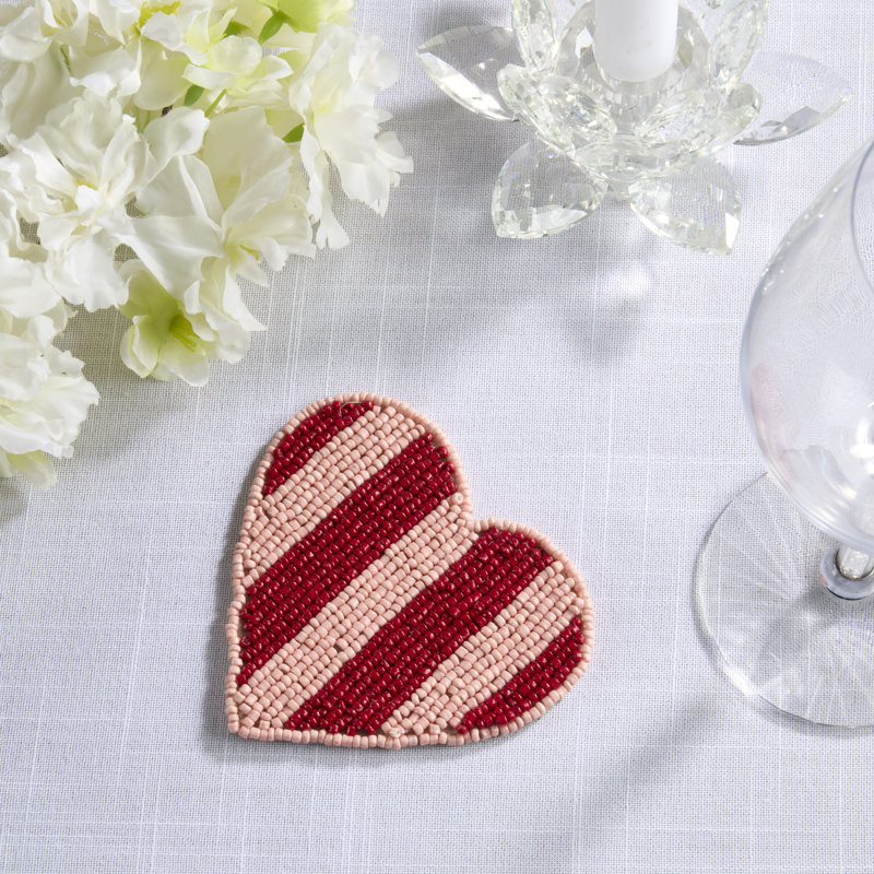 Ensemble de 4 sous-verres à motif de perles de la Saint-Valentin - Ensemble de sous-verres à rayures pour table basse, table de salle à manger et décor romantique