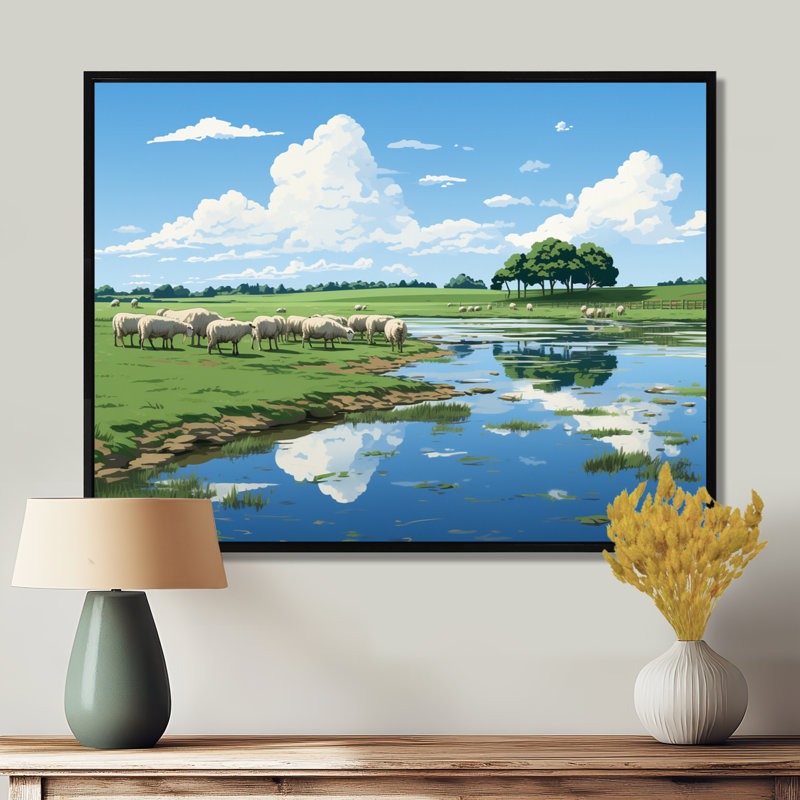 Troupeau de moutons broutant au bord de la rivière - reproduction d'art mural, Toile avec cadre flottant noir