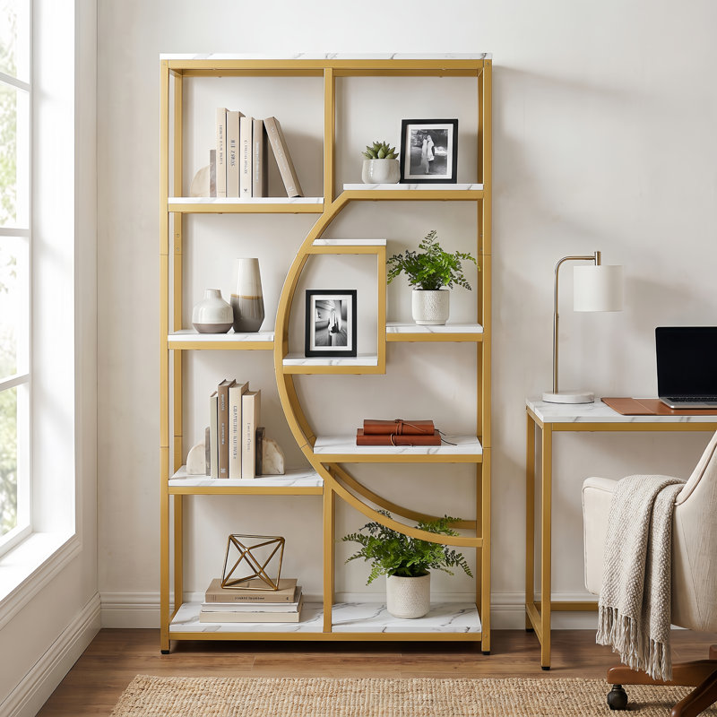 Oscer Industrial 5 Tier Etagere Bookcase, White/Gold