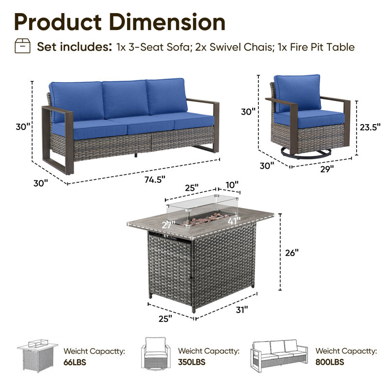 Aldiana Swivel 4-Piece Outdoor Patio Conversation Set With Cushions, Rectangle Fire Pit Table, Gray, Blue