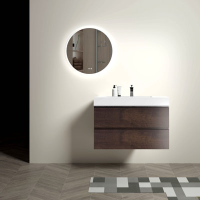 Meuble-lavabo mural 36 po en noyer avec lavabo, grand meuble-lavabo flottant mural pour salle de bain moderne, lavabo une pièce blanc sans bonde ni robinet, pré-assemblé