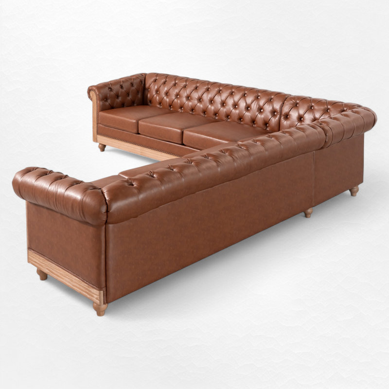 L-Shape 104.02" Wide Symmetrical Upholstered Sectional With Chesterfield Design & Solid Wood Legs, Light Brown
